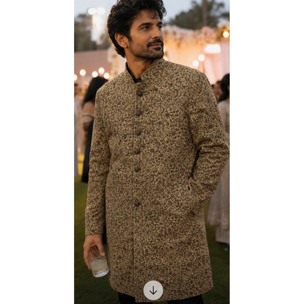 Exquisite Champagne Gold Embroidered Sherwani‎ – Men's Large Wedding Achkan